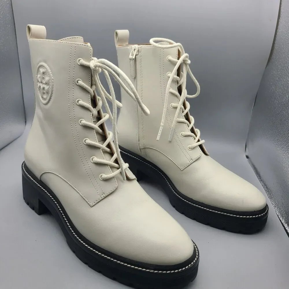 Tory Burch Boots Ivory Miller 50mm Lug Sole Bootie Lace Up Combat Size 10.5 New